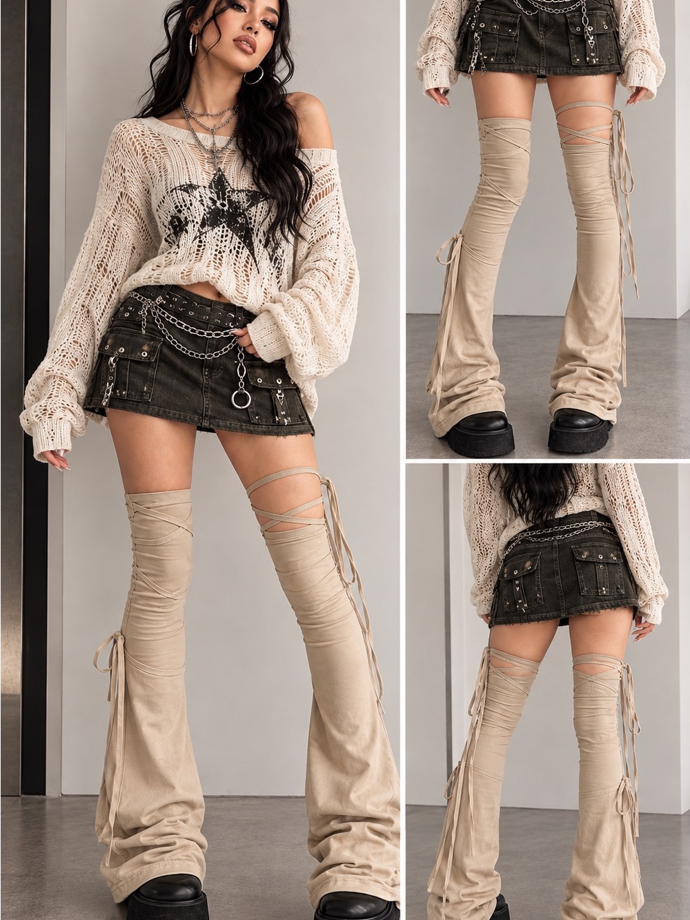 Women’s Beige Lace-Up Over-the-Knee Flare Leggings